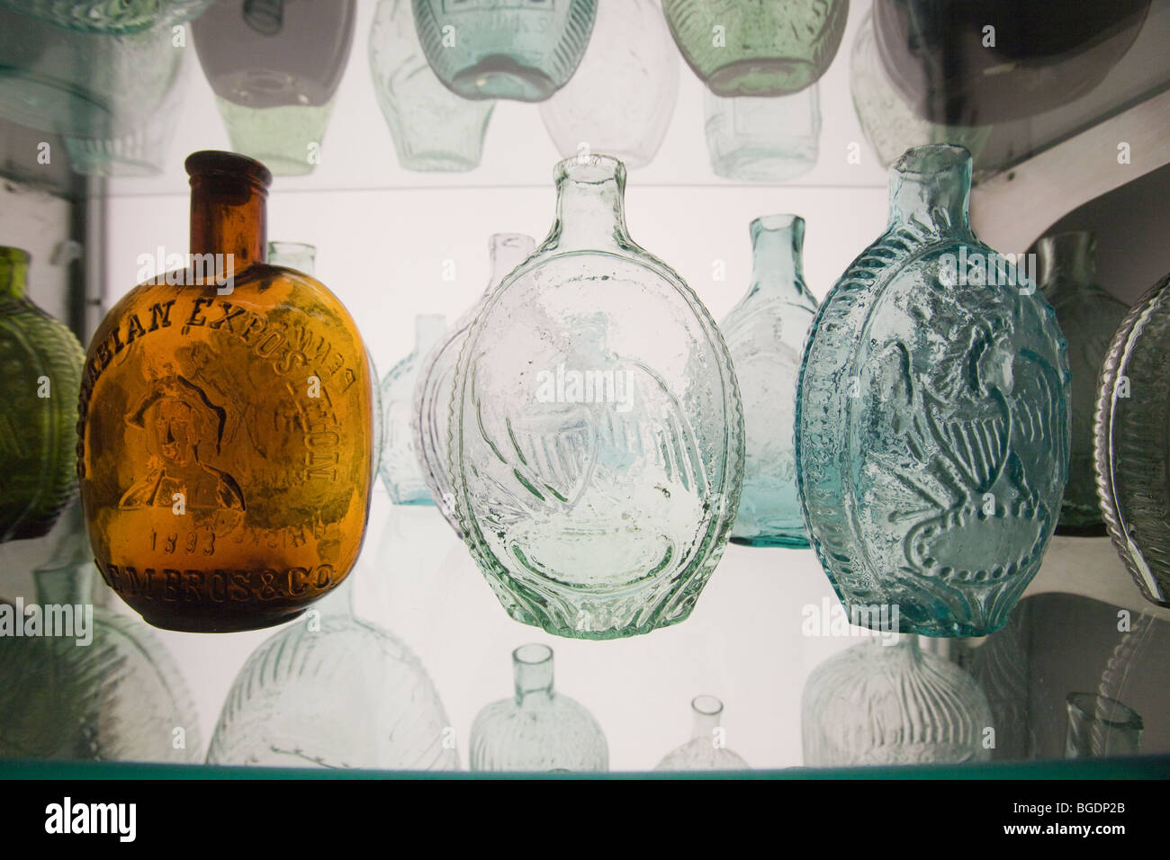 Antique bottles diplay at the Corning Museum of Glass in Corning, New
