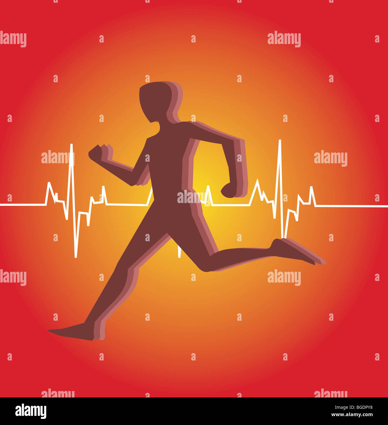 human running with a heart beat graph at background Stock Photo