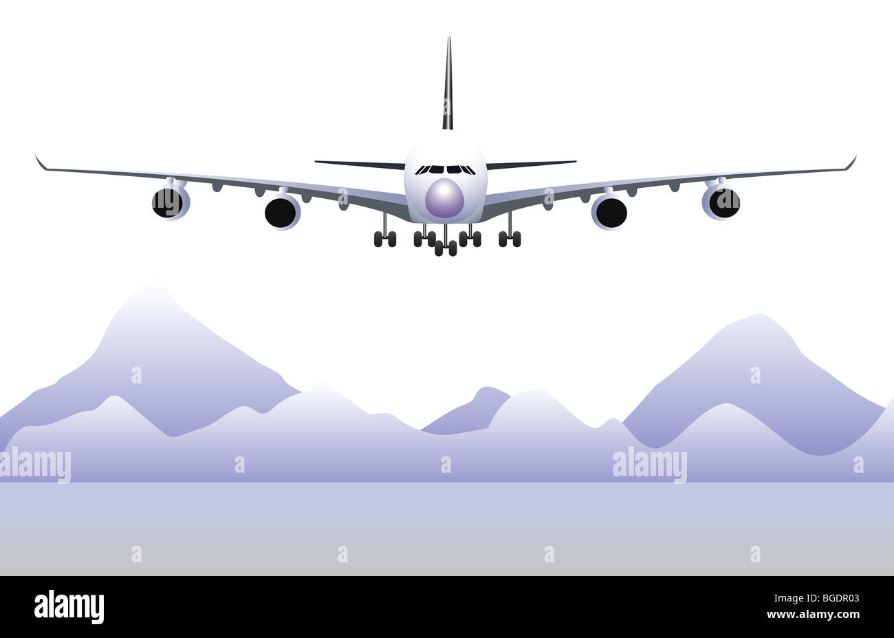 view of airplane landing with mountain background Stock Photo