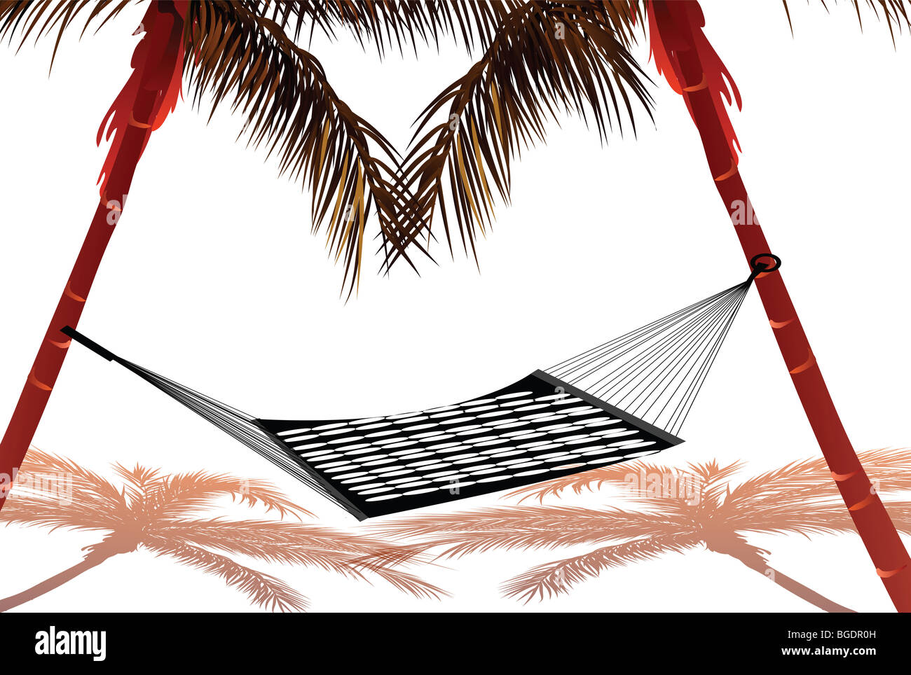 hammock tied to two coconut trees, white background Stock Photo