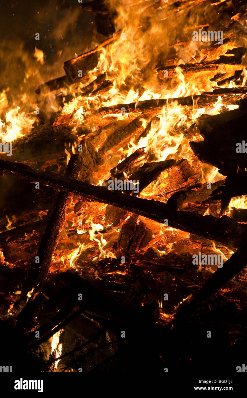 Large bonfire alight and burning fiercely Stock Photo