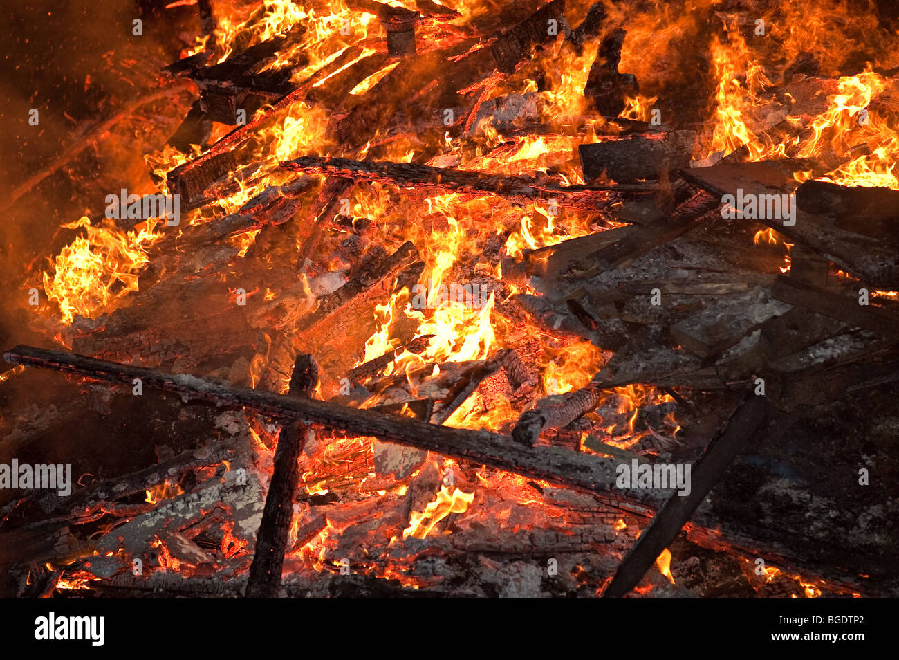 Large bonfire alight and burning fiercely Stock Photo