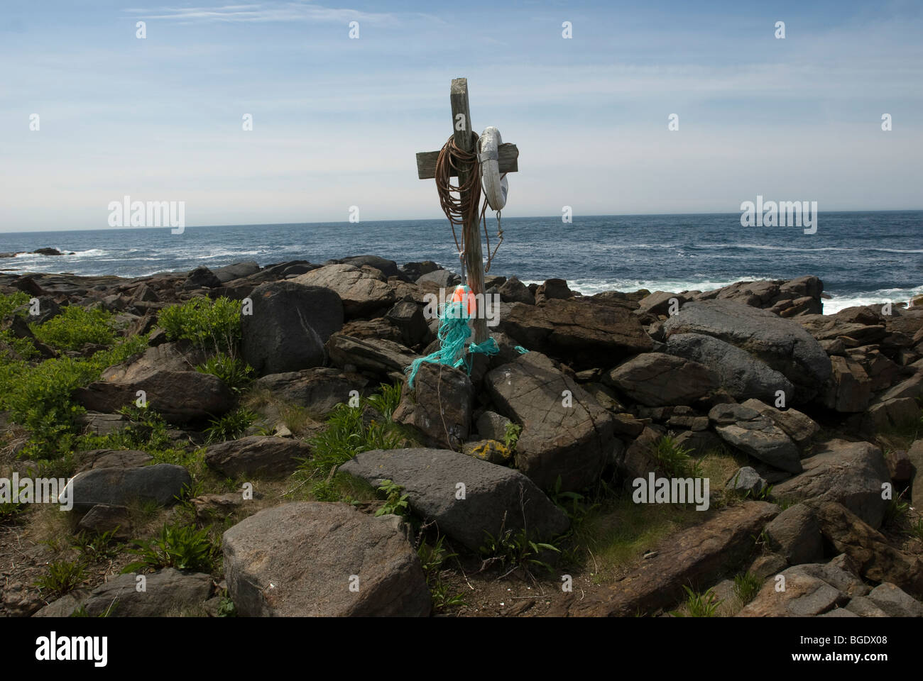 Lifesaving equipment on the rocky shore of Lobster Cove, Monhegan