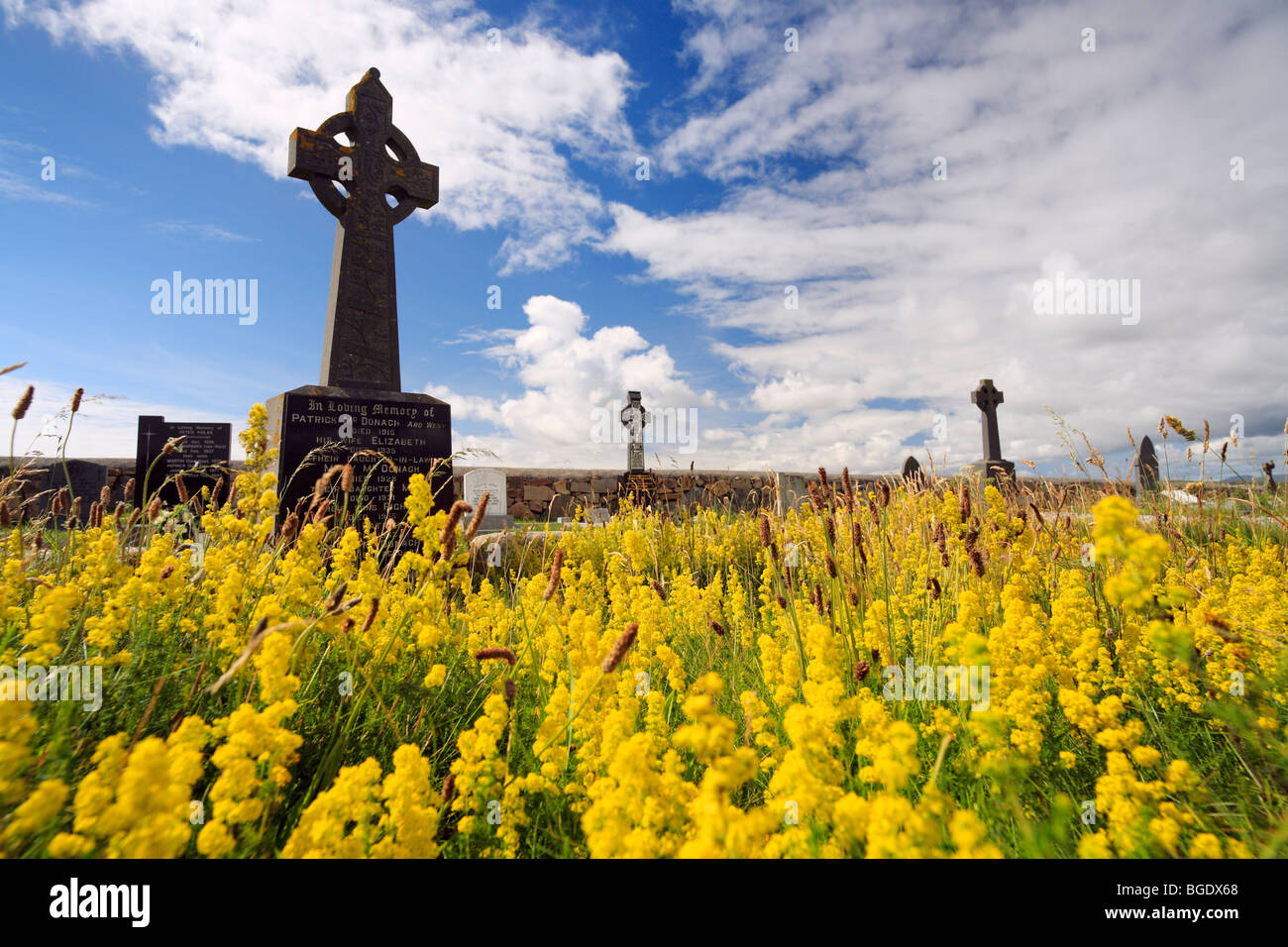 Celtic cross and yellow wildflowers on a grave in Carna, Connemara, Ireland Stock Photo