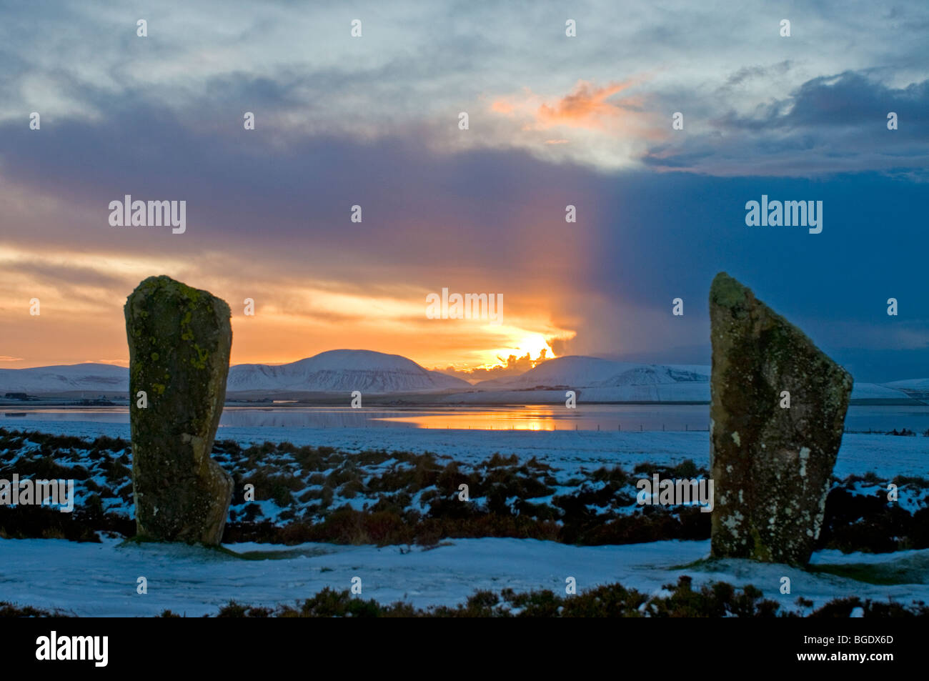 Sundown over Hoy from the Ring of Brodgar Steness Mainland Orkney Highland Region Scotland.  SCO 5715 Stock Photo