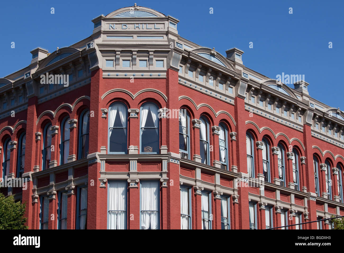 Facade of N. D. Hill historic brick building on Water Street in downtown Port Townsend, a Victorian seaport in Washington. Stock Photo