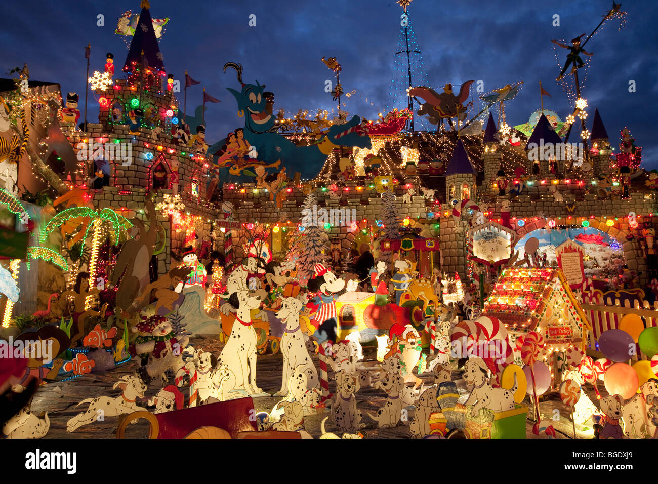 Holiday lights and decorations in the front yard of the Weaver residence in Rohnert Park, Calif. Stock Photo