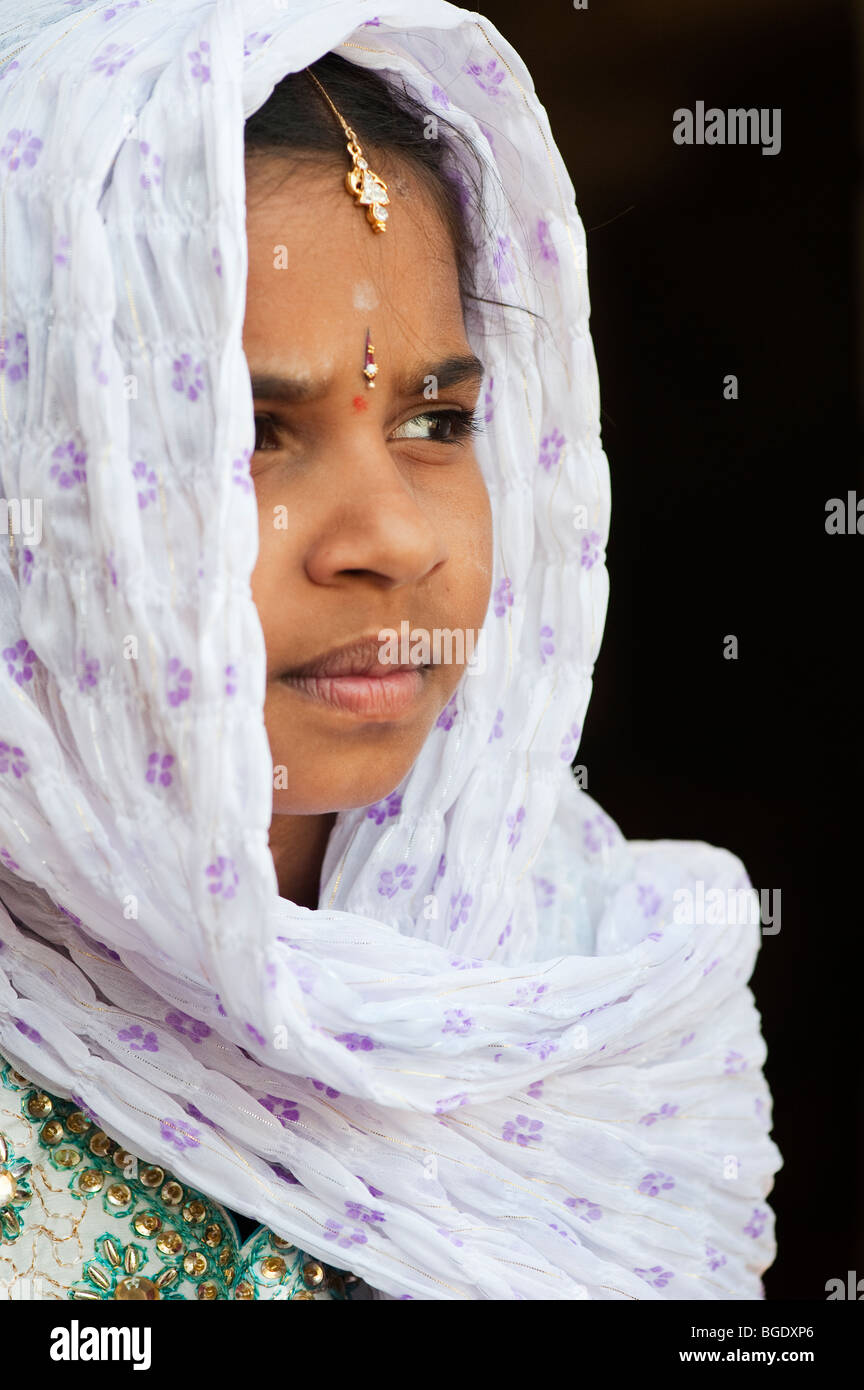 Indian girl wearing a white shawl. Andhra Pradesh, India Stock Photo