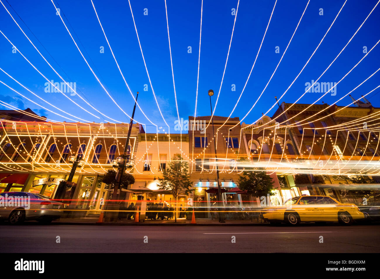 Best restaurant in Denver Rioja on Larimer Square, Street at dusk. LoDo