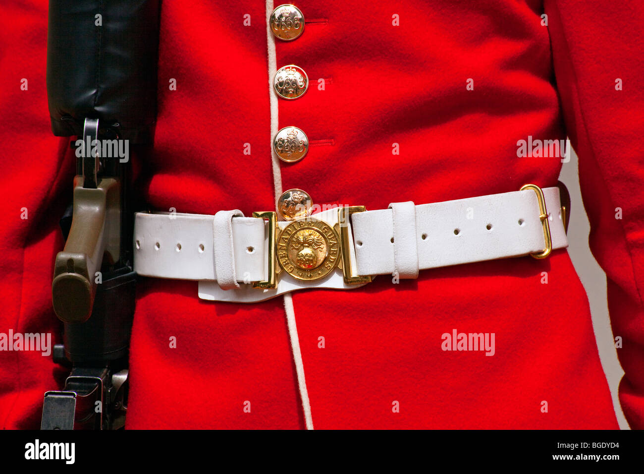Detail of the uniform of a Grenadier Guard on sentry duty Stock Photo