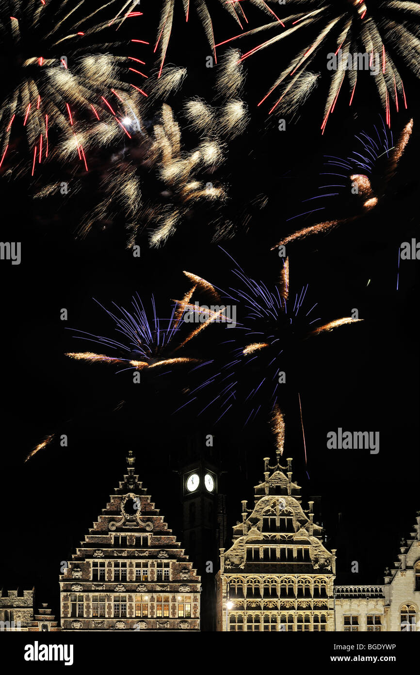 Colourful fireworks at night above the mediaeval façades at the Graslei, Ghent, Belgium Digital composite Stock Photo