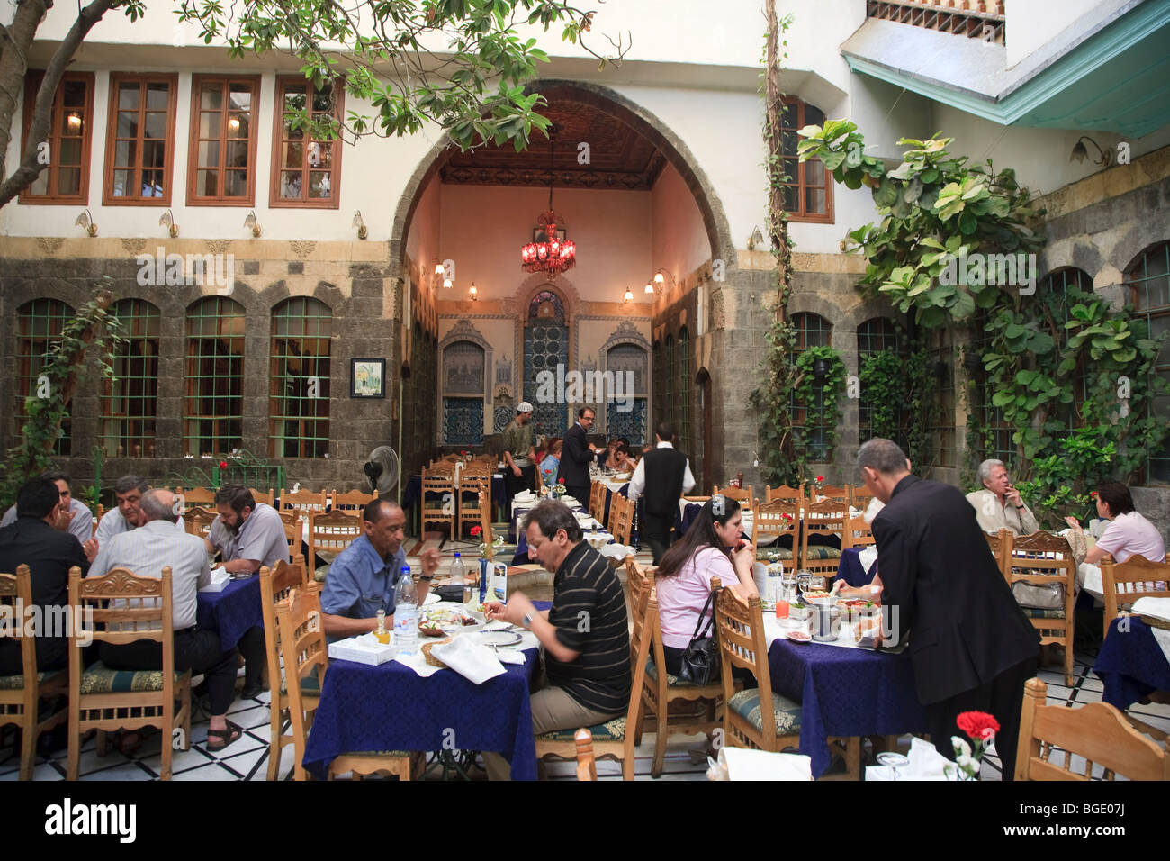 Syria, Damascus, Old Town, Bab Touma Quarter, historic Damascene house renovated as a restaurant Stock Photo
