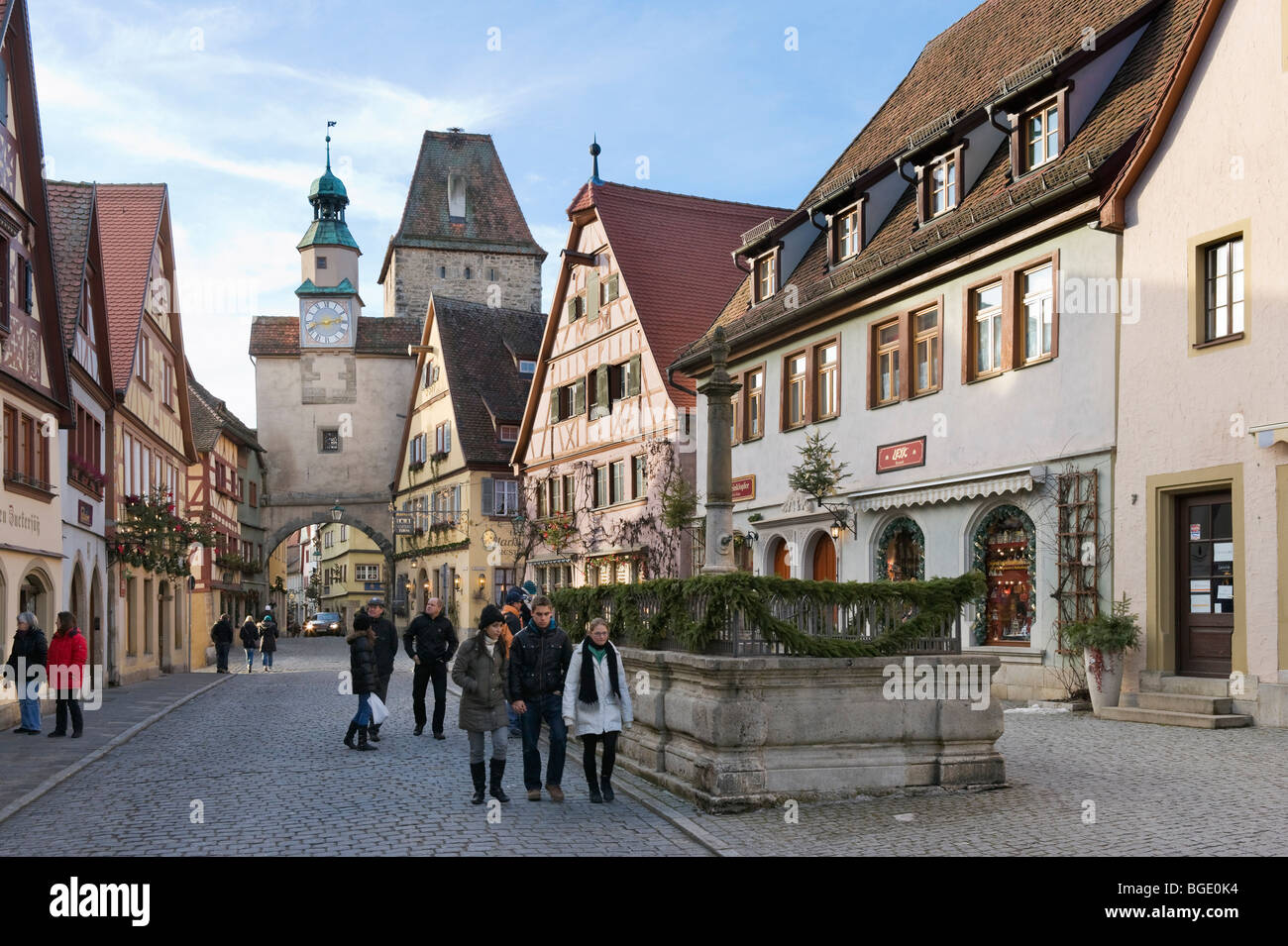 Rodergasse and St Mark's Tower, Rothenburg ob der Tauber, Bavaria, Germany Stock Photo