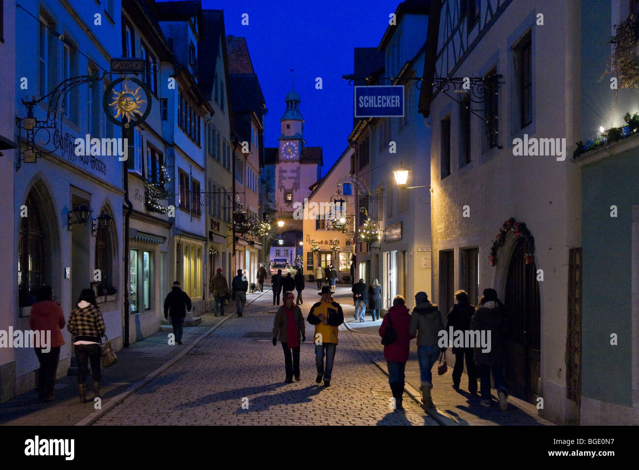 Hafengasse and St Mark's Tower at night, Rothenburg ob der Tauber, Bavaria, Germany Stock Photo