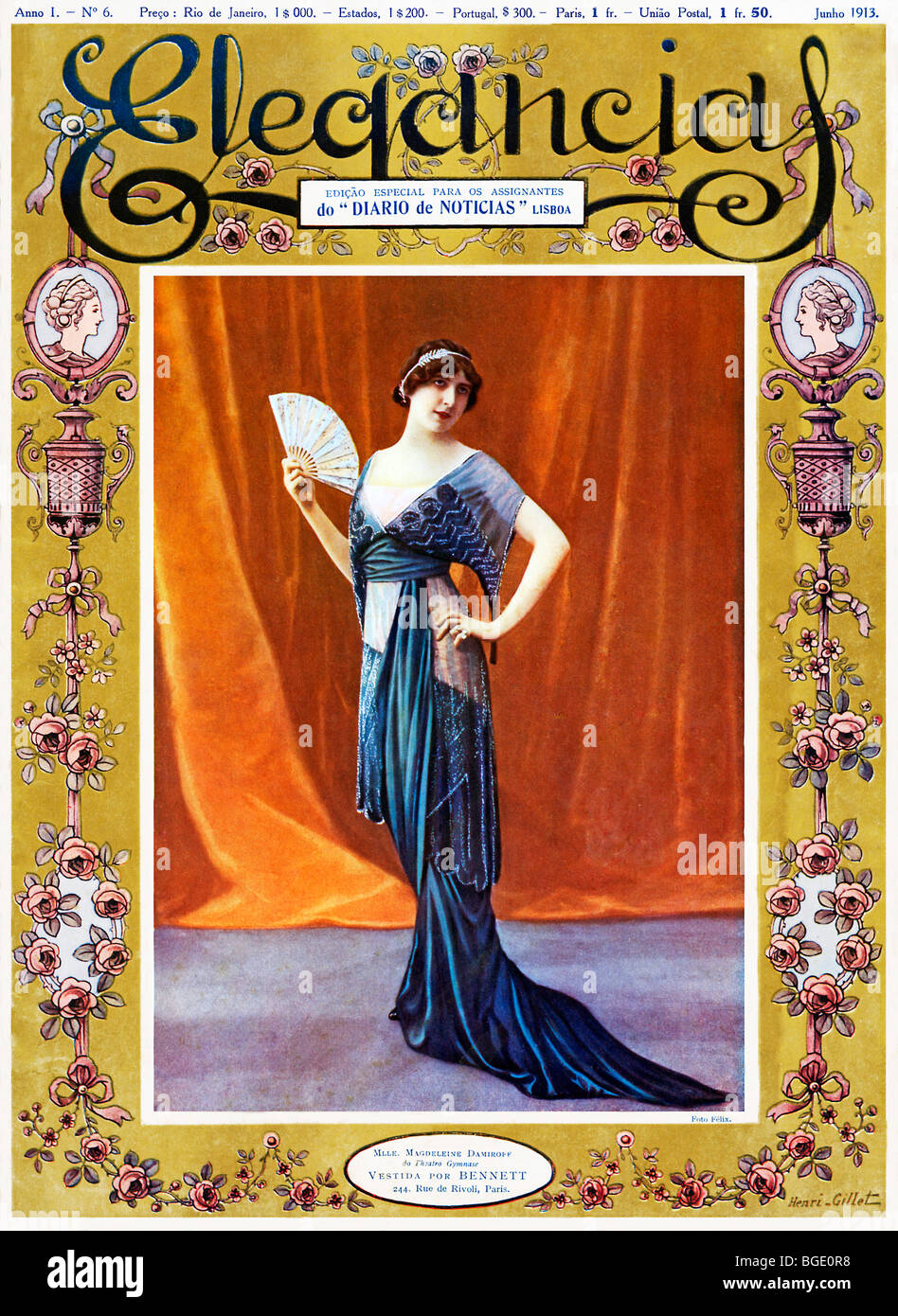 Elegencias, 1913 cover of the Portugese fashion mag, actress Magdeleine Damiroff models French fashion from Bennett Stock Photo