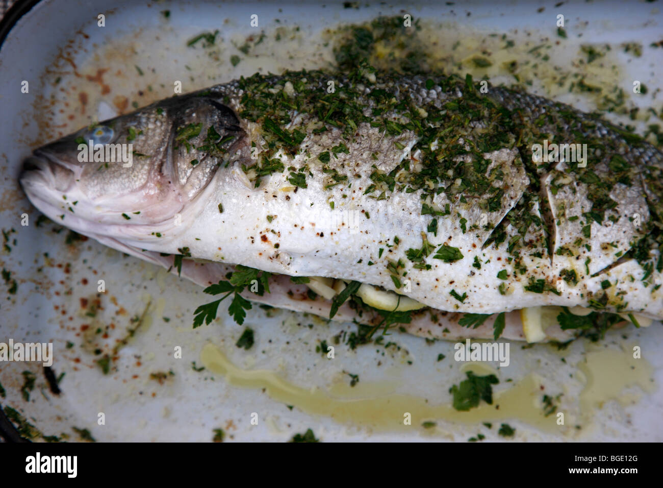. fish filled with herbs and lemon at a charcoal grill, Germany, Europe. Stock Photo