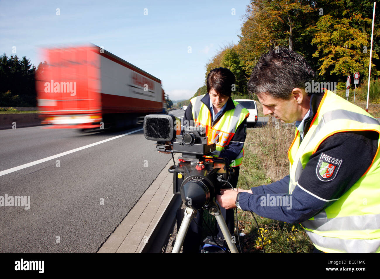 highway police with a radar, speed limit enforcement at a German Highway, A2, Germany, Europe. Stock Photo