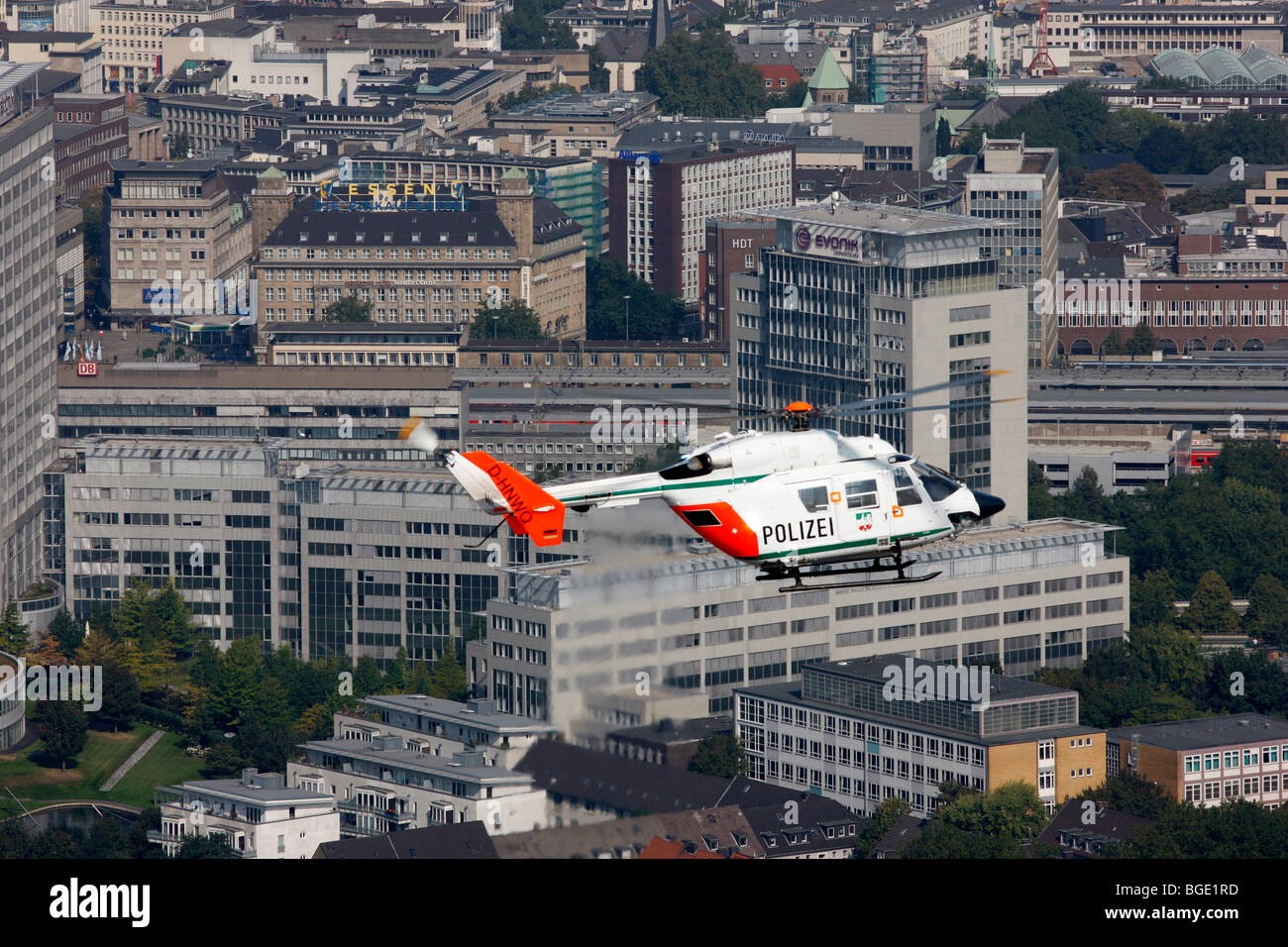 police helicopter Type BK 117 of the Police NRW at an operation flight. Germany, Europe Stock Photo