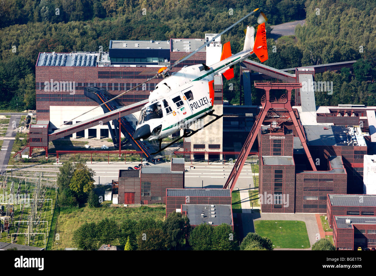 police helicopter Type BK 117 of the Police NRW at an operation flight. Germany, Europe Stock Photo