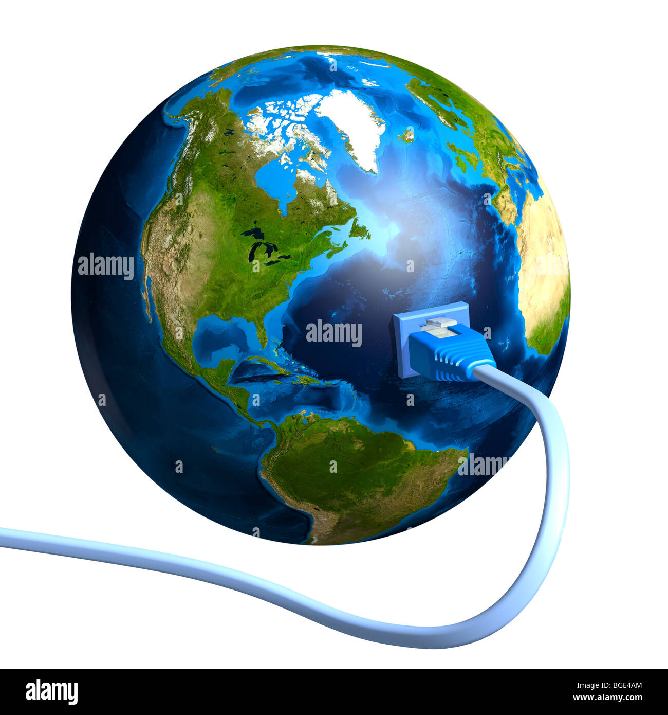 Network cable plugged into the Earth globe. Conceptual 3D illustration. Stock Photo
