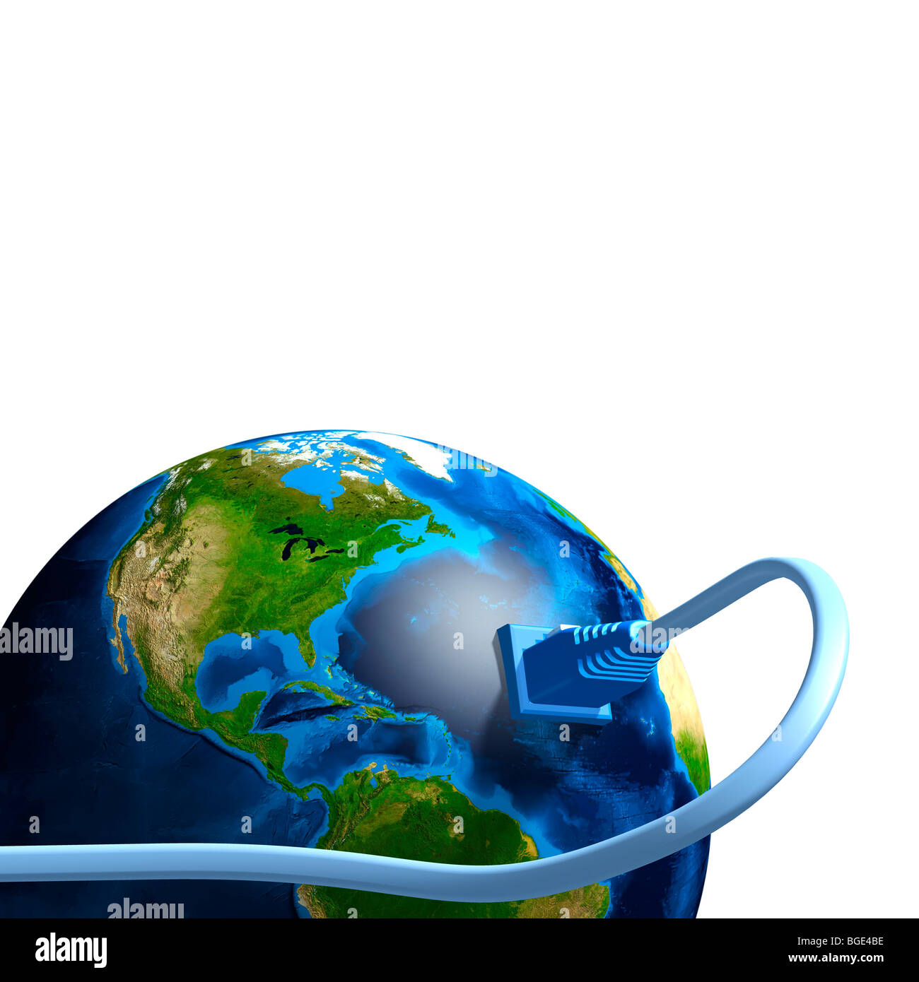 Network cable plugged into the Earth globe. Conceptual 3D illustration. Stock Photo