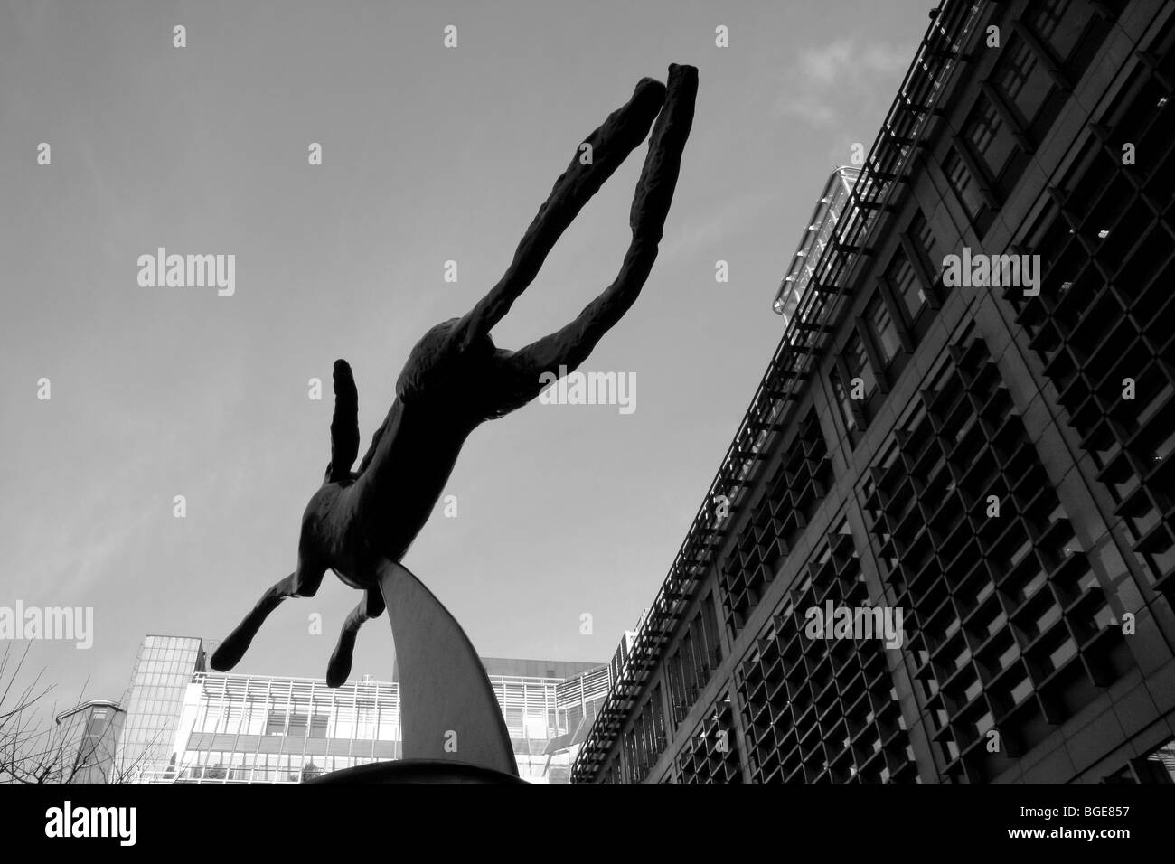 This sculpture of a Leaping Hare,a creation by the late Barry Flanagan,situated in the south east corner of Broadgate Circus. Stock Photo