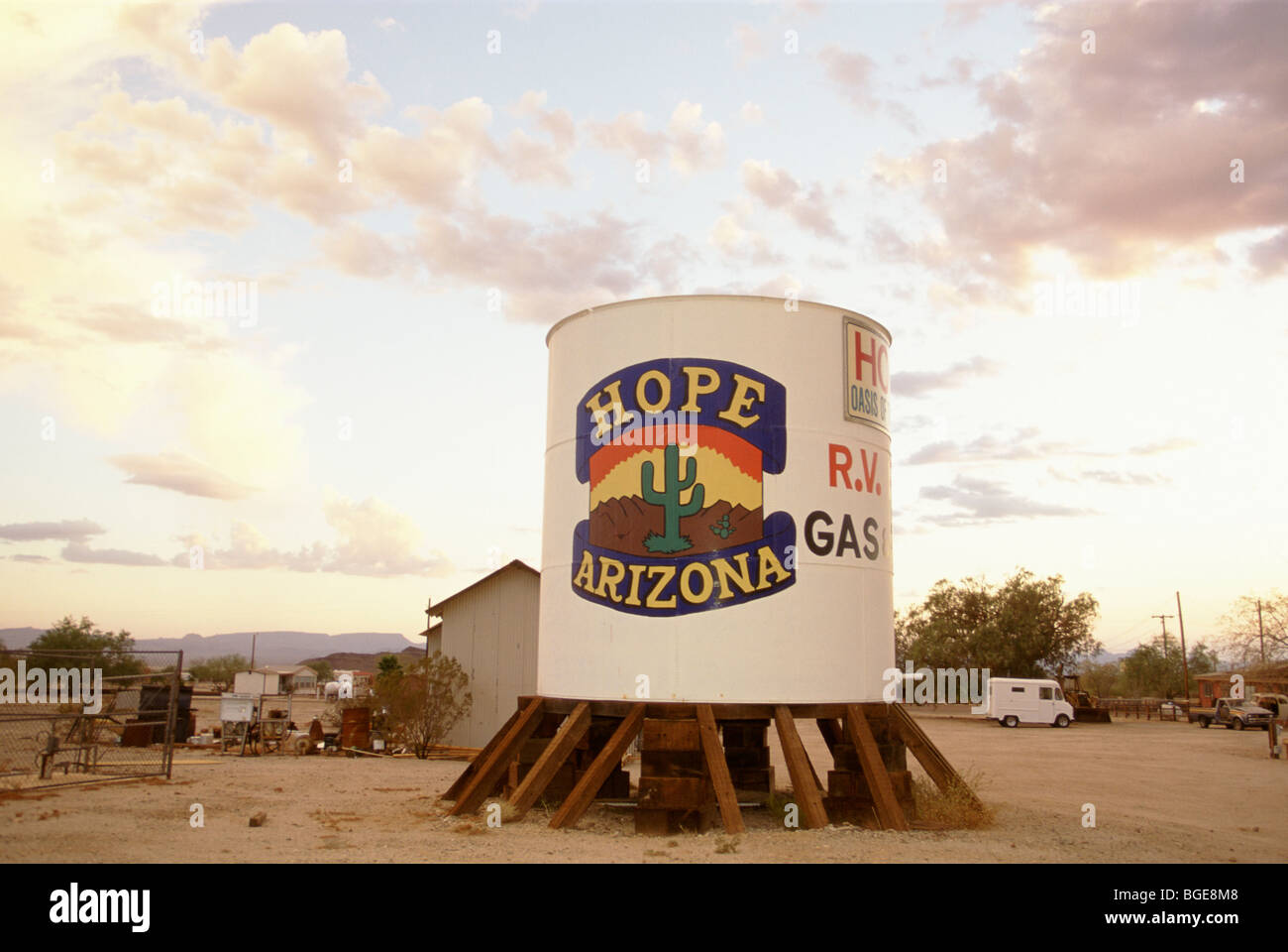 A water tank carries the name of its small town, Hope, Arizona, USA