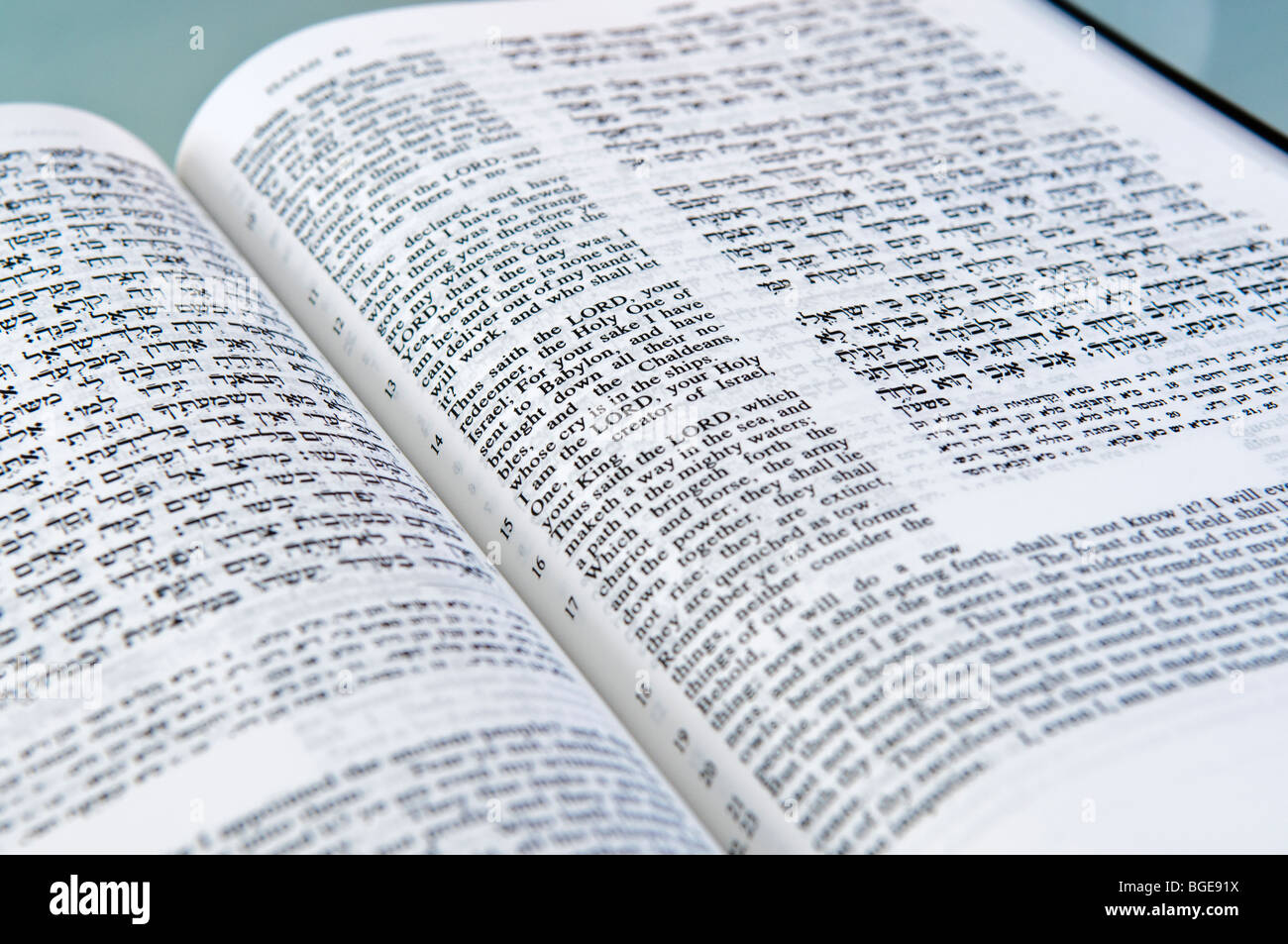 Page from the Jewish Holy Scriptures showing both Hebrew and English translation Stock Photo