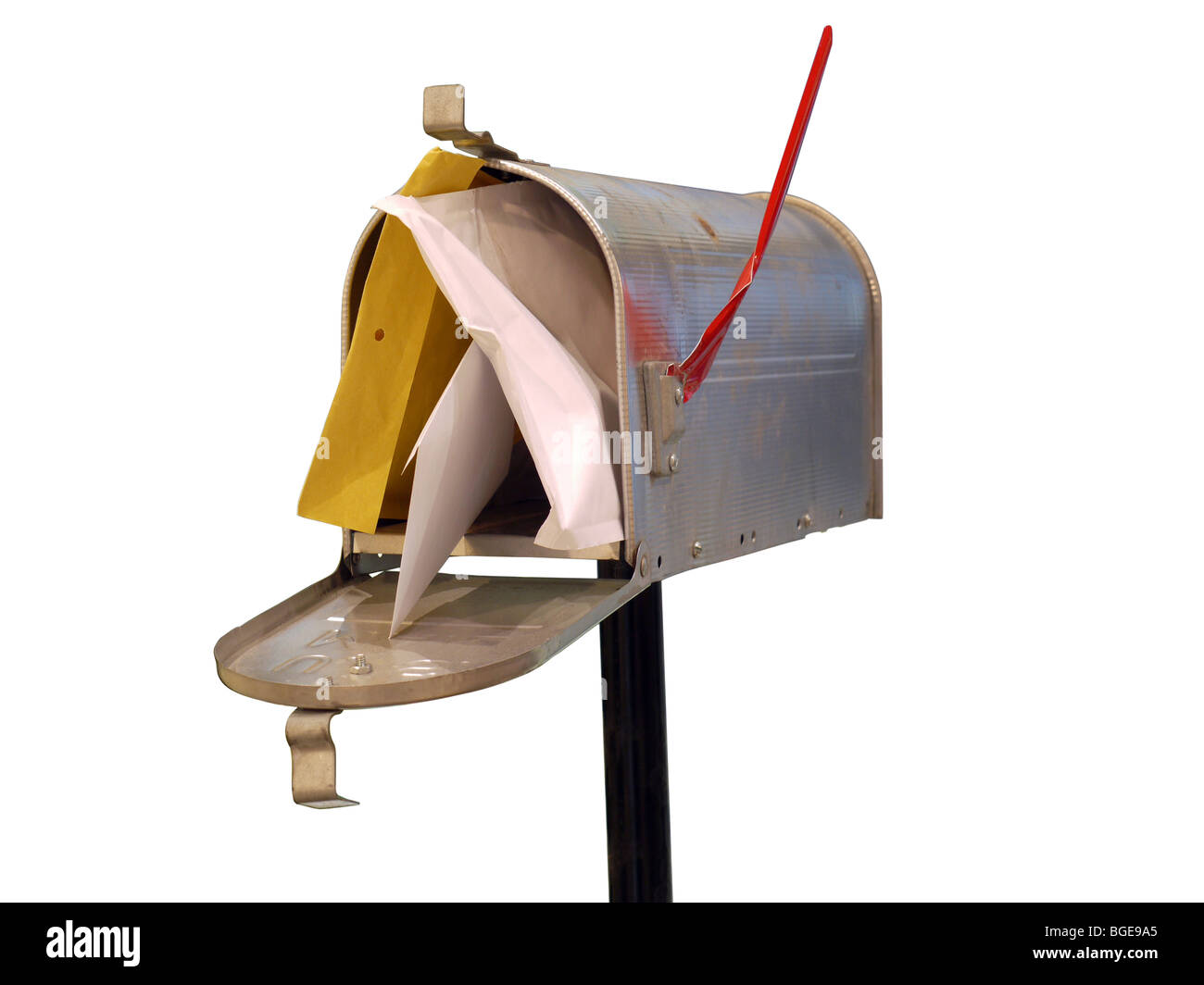 Classic American metal mailbox with red flag staffed with letters Stock Photo