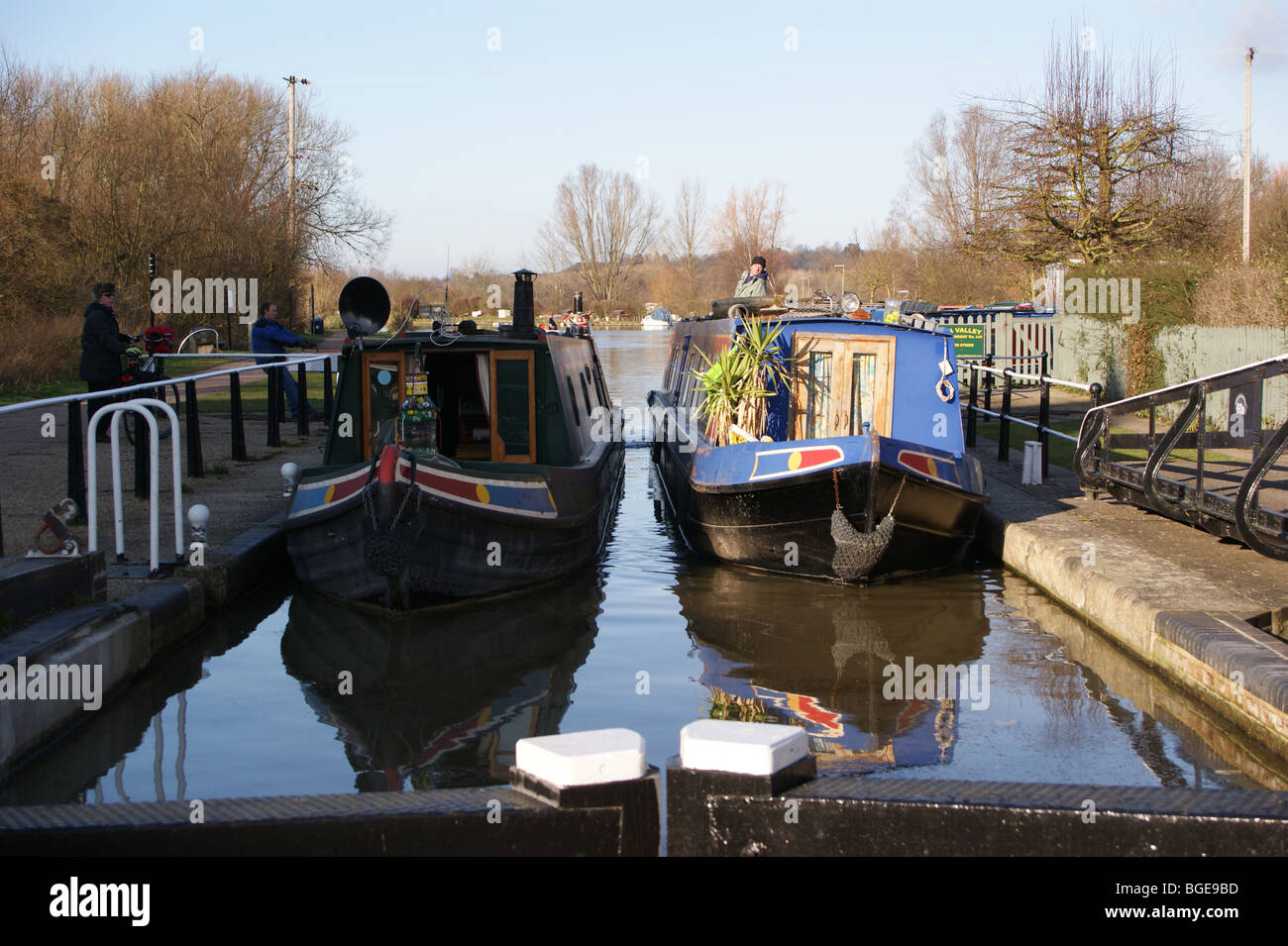 Narrowboats enter Stanstead Lock, River Lea navigation, Ware ...