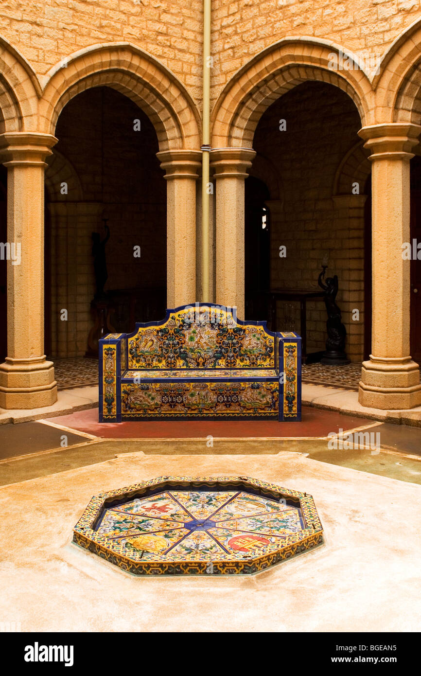 Tiled seating in a courtyard at Bangalore Palace. Bangalore Palace is modeled Windsor Castle in England. Stock Photo