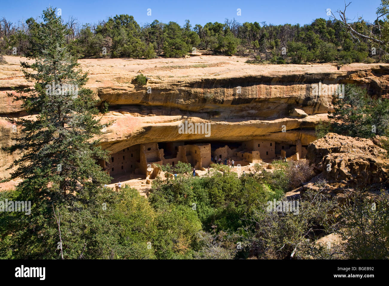Tourists view Spruce Tree House close up in Mesa Verde, Colorado. Stock Photo