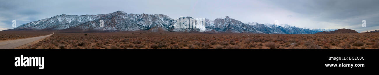 This is a panorama of Mount Lone Pine and Mount Whitney and Alabama Hills, Lone Pine, Ca Stock Photo