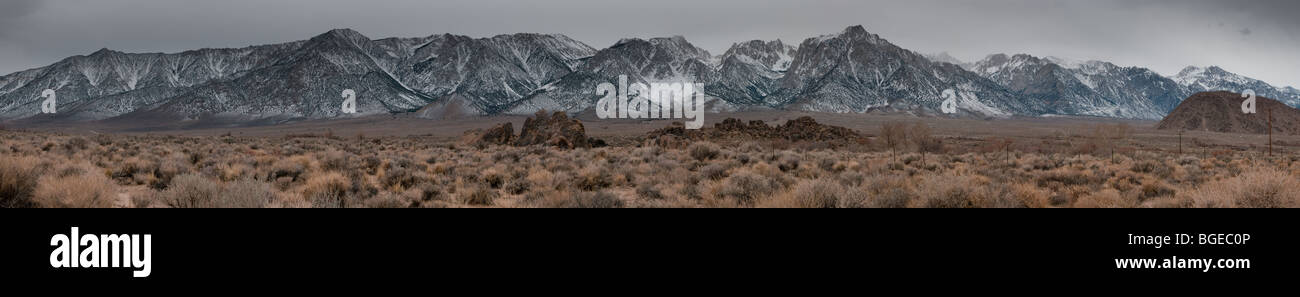 This is a panorama of Mount Lone Pine and Mount Whitney and Alabama Hills, Lone Pine, Ca Stock Photo