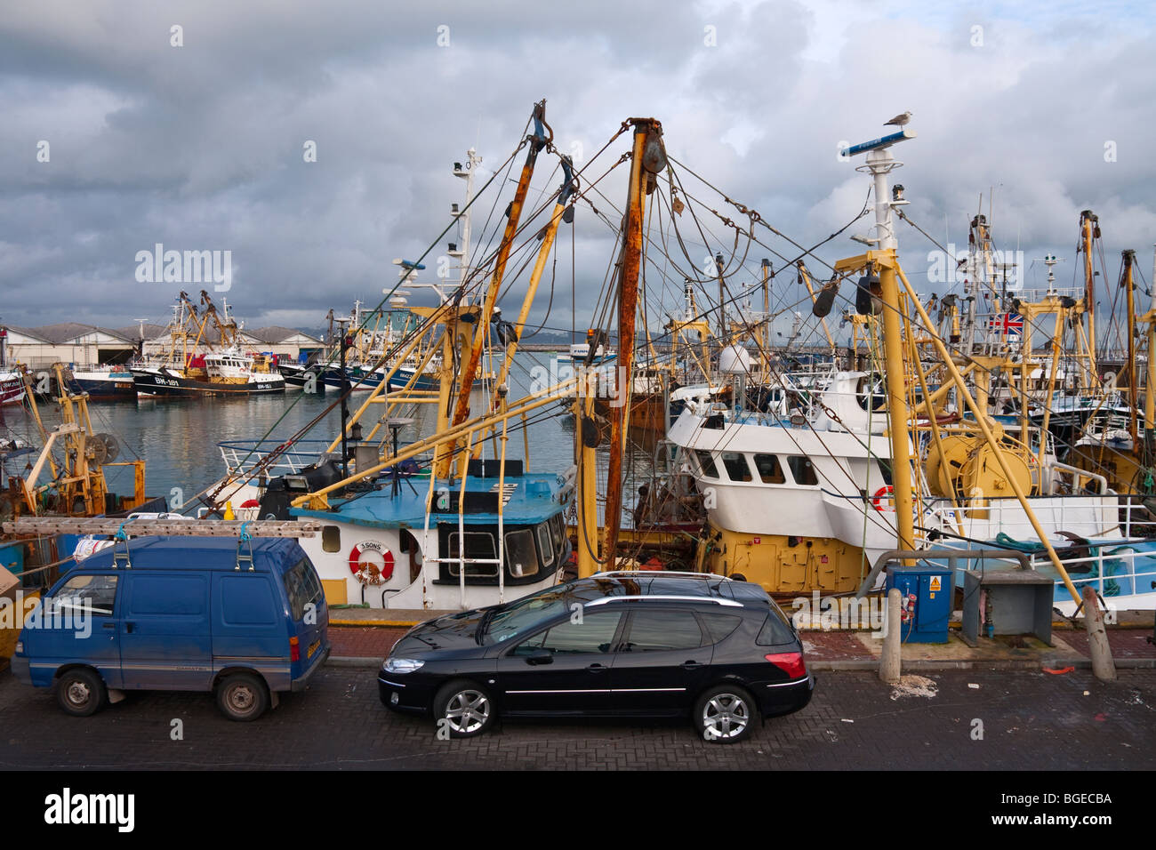 Fishing trawlers moored up in 'Brixham harbour' Stock Photo