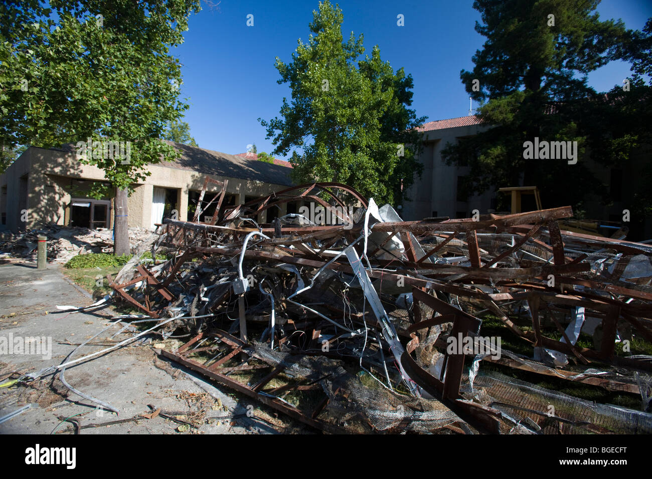 Pile of rusted steel support beams and rubble from demolition of Kresge Auditorium Stock Photo