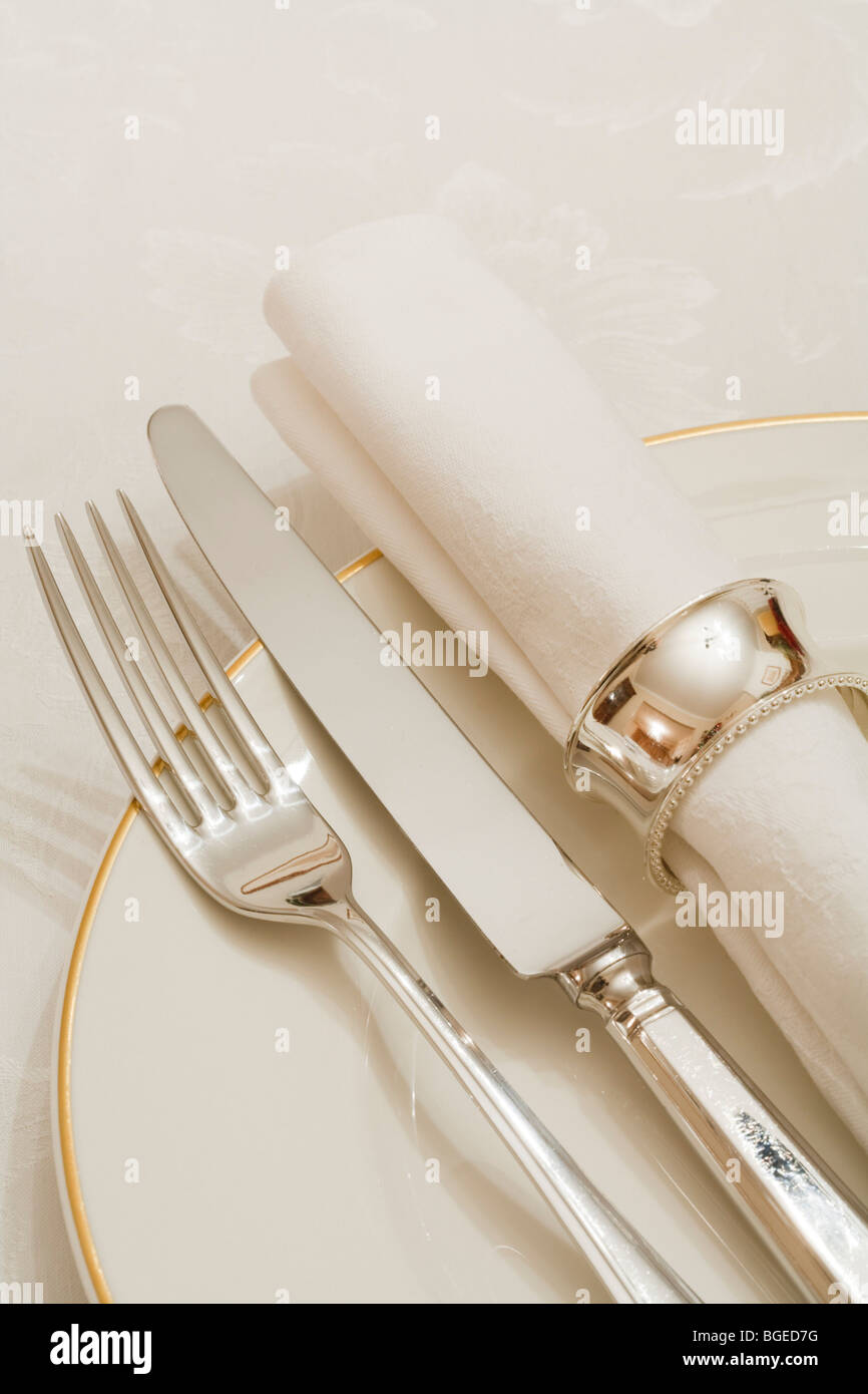 Place setting with cutlery, plate and napkin on a damask tablecloth Stock Photo