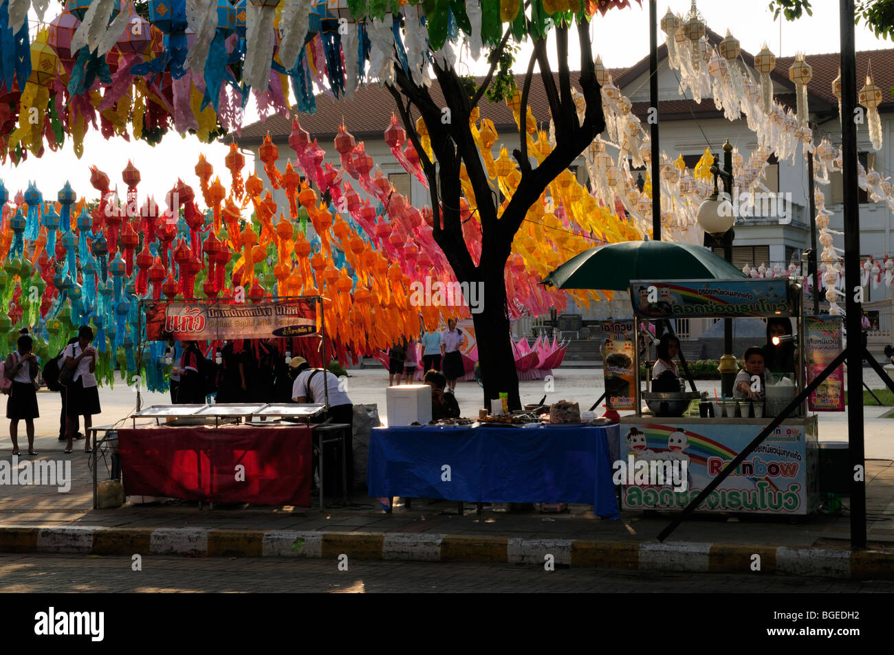 Thailand; Chiang Mai; Street Scene with paper lanterns put out for the Loi Krathong Festival Stock Photo