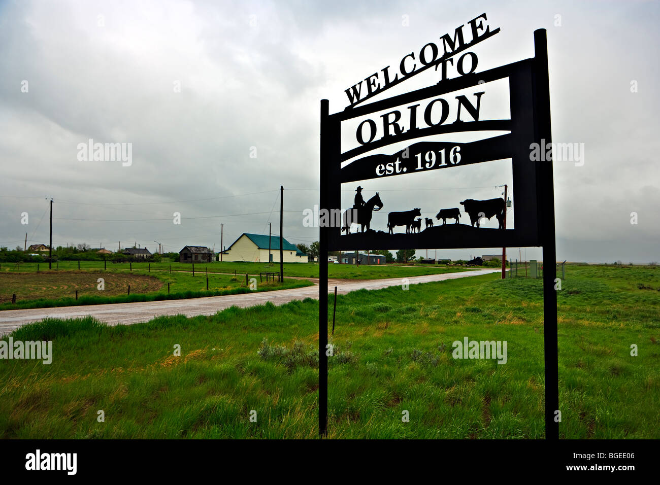 'Welcome to Orion' sign at the entrance to the small South East Alberta Town of Orion established in 1916, Alberta, Canada. Stock Photo