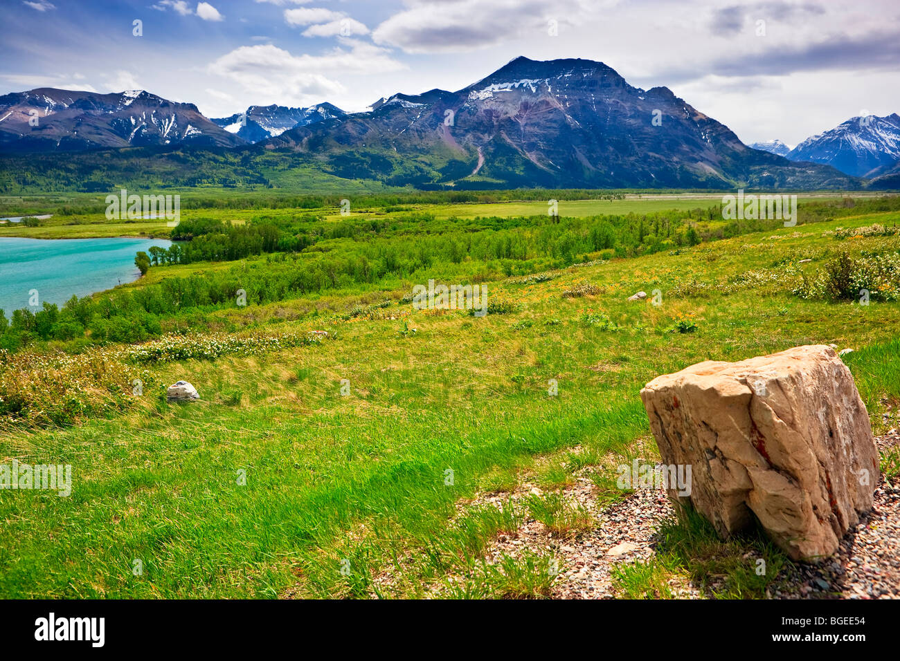 Scenery from a pullout along Highway 5 beside Middle Waterton Lake in the Waterton Lakes National Park, Southern Alberta, Albert Stock Photo
