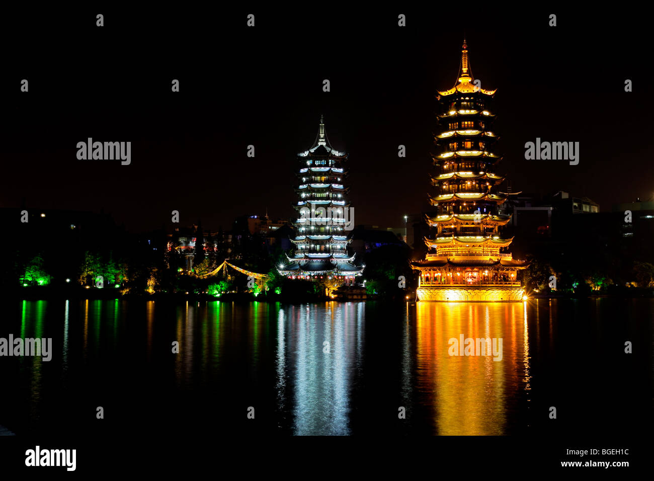 Colorful pagodas representing the sun and the moon, Fir lake, Guilin, China Stock Photo