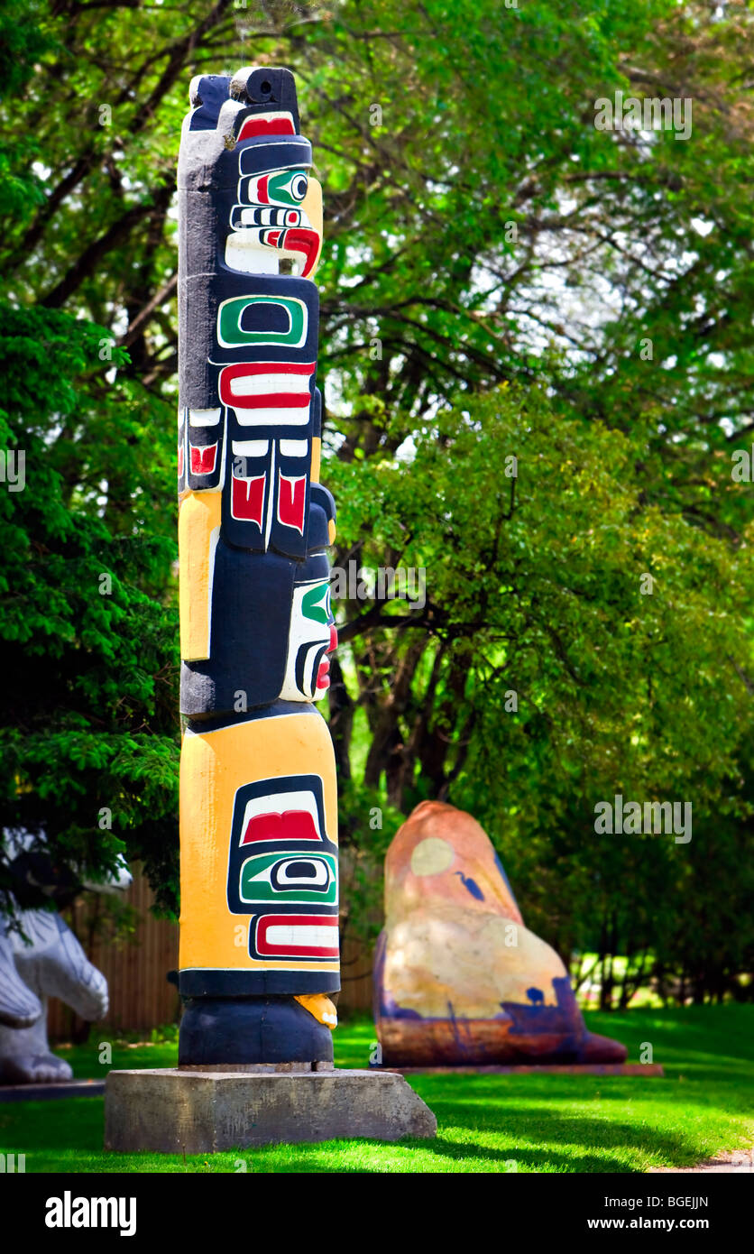 Kwakiutl Totem Pole on the Legislative Building Grounds in the City of Winnipeg, Manitoba, Canada. Stock Photo