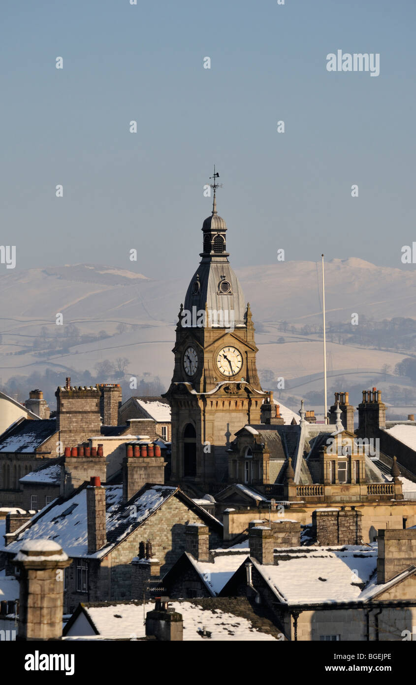 Kendal Town Hall with snow from Bowling Fell. Kendal, Cumbria, England ...