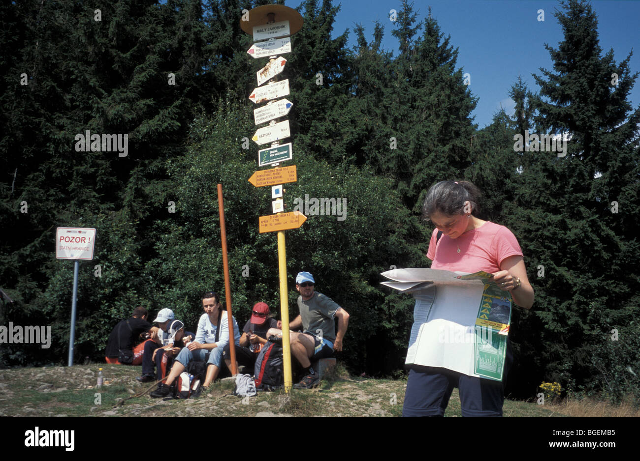 Walker reading a map at Maly Javornik in West Slovakia Stock Photo