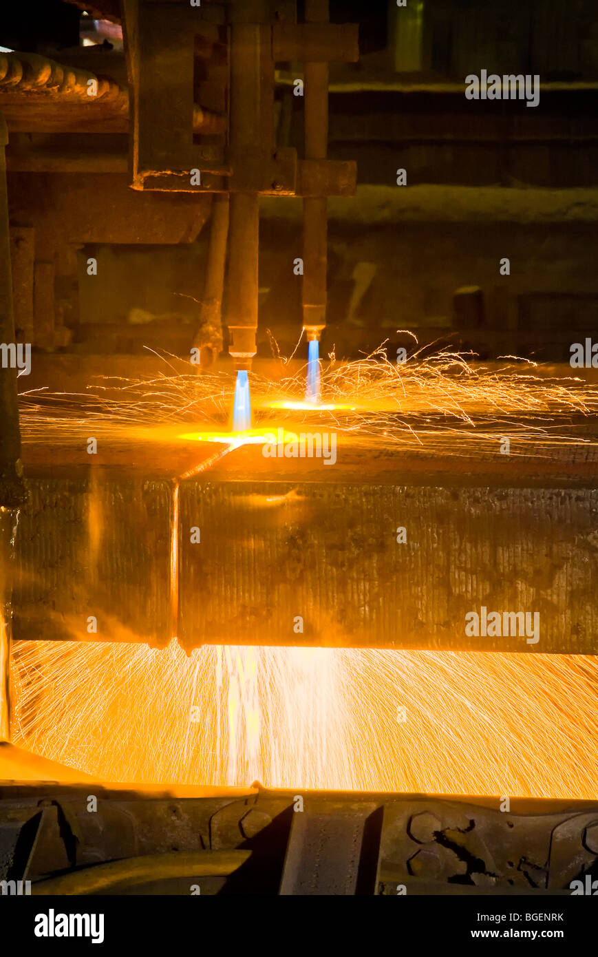 Torch Cutting Steel Slabs, Steel Recycling Mill, Delaware USA Stock Photo