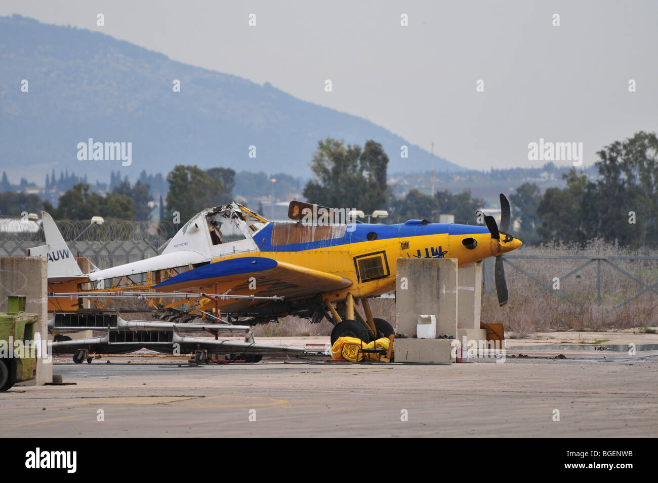 Israel, Haifa, Airfield, a crashed disused cropdusting plane Stock Photo