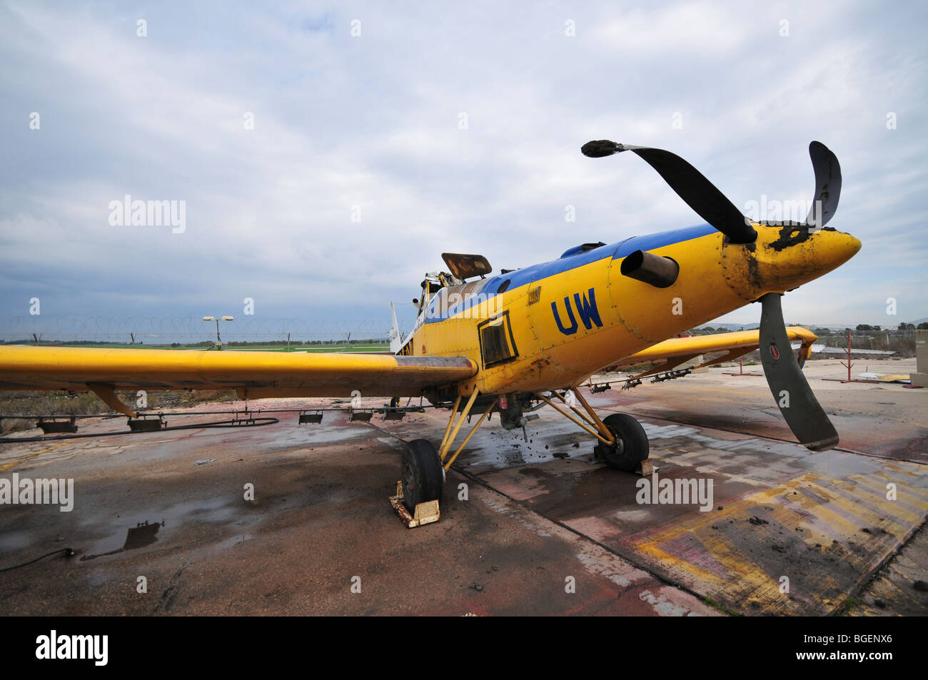 Israel, Haifa, Airfield, a crashed disused cropdusting plane Stock Photo