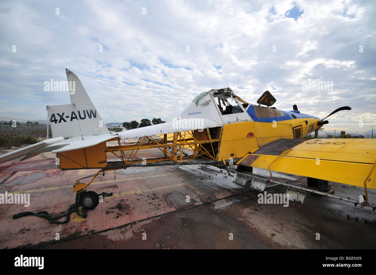 Israel, Haifa, Airfield, a crashed disused cropdusting plane Stock Photo