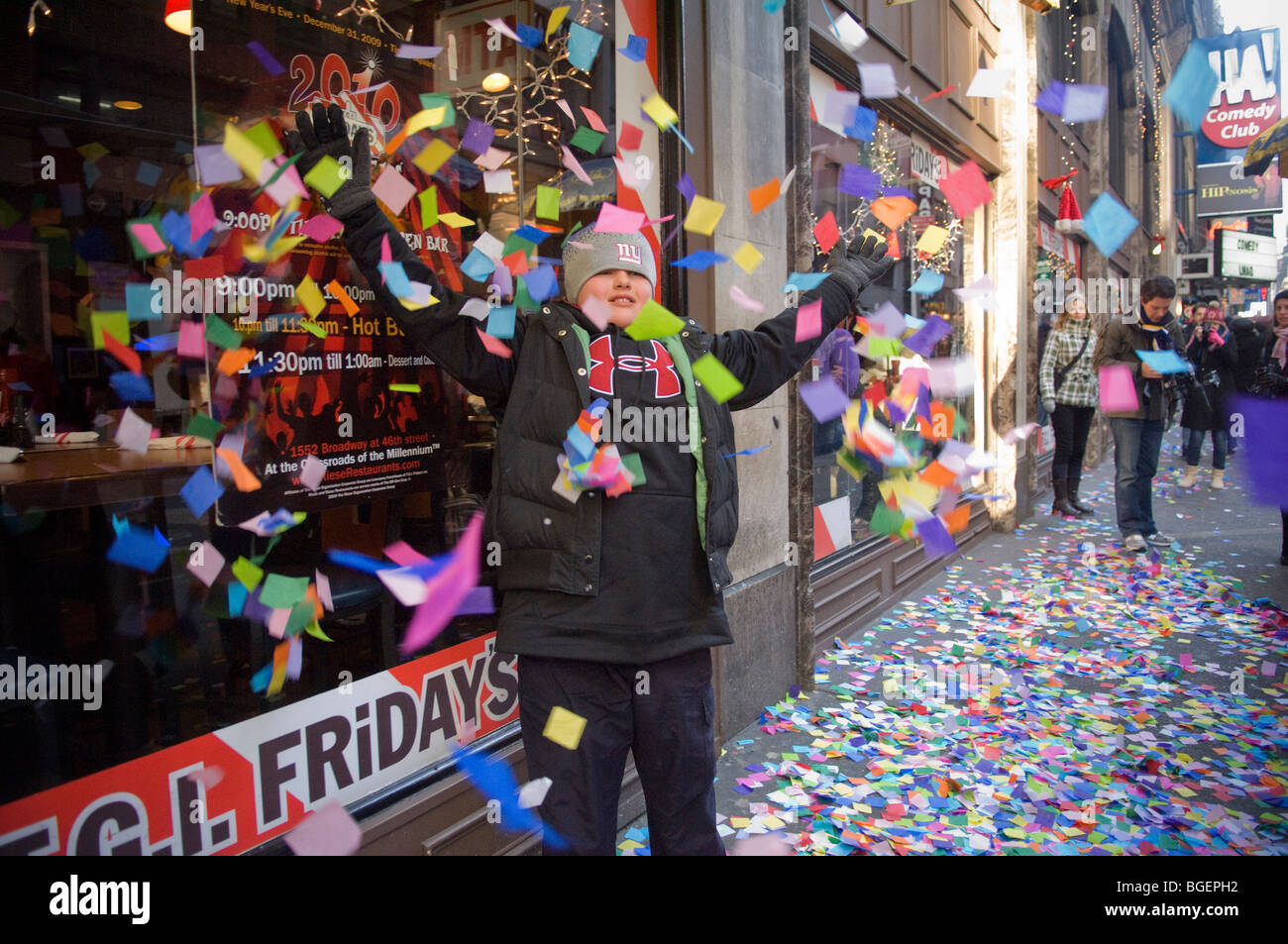 Confetti to be used in Times Square during New Year's Eve is given a flight test in Times Square in New York Stock Photo