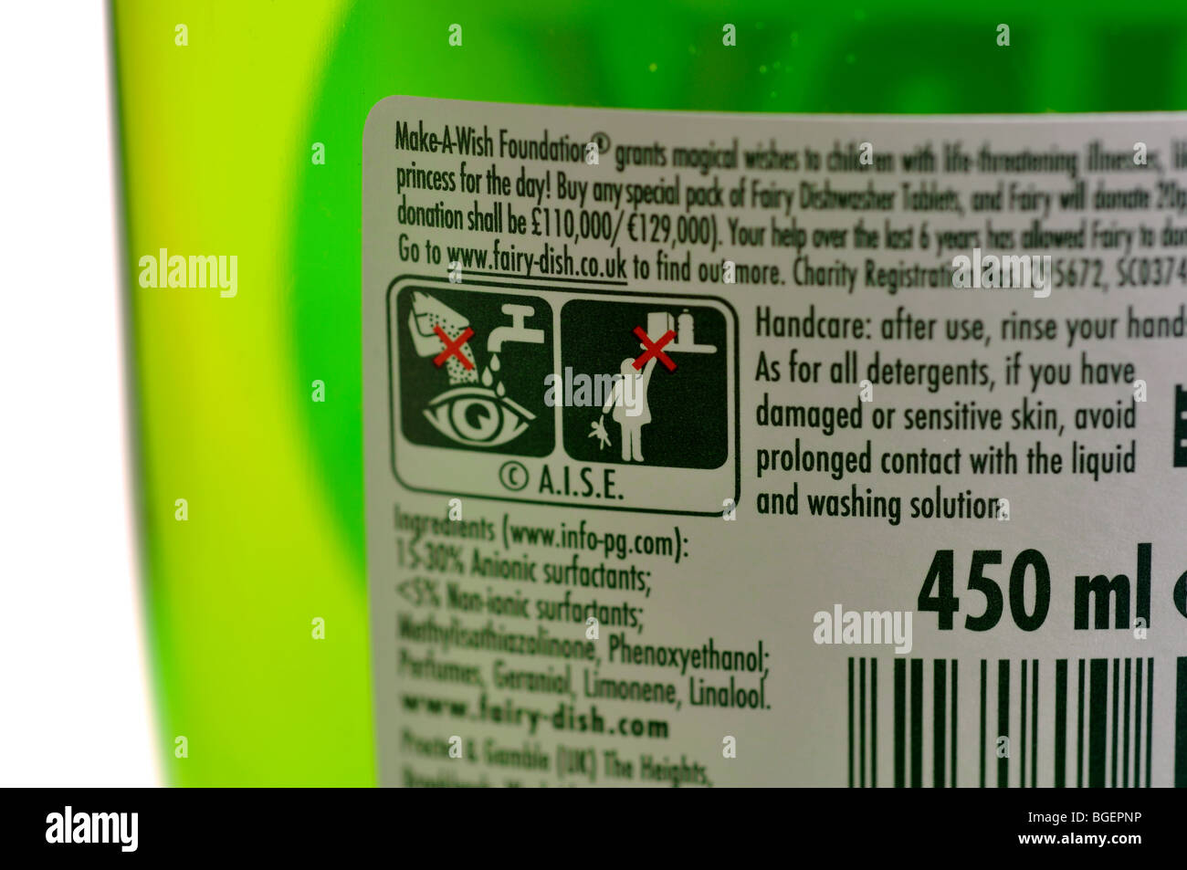 Safety warning symbols on Fairy Liquid bottle Stock Photo